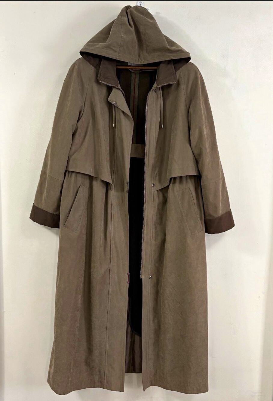 Worthington Women’s Size 16 Hooded Full Length Trench Coat Taupe Brown Lined